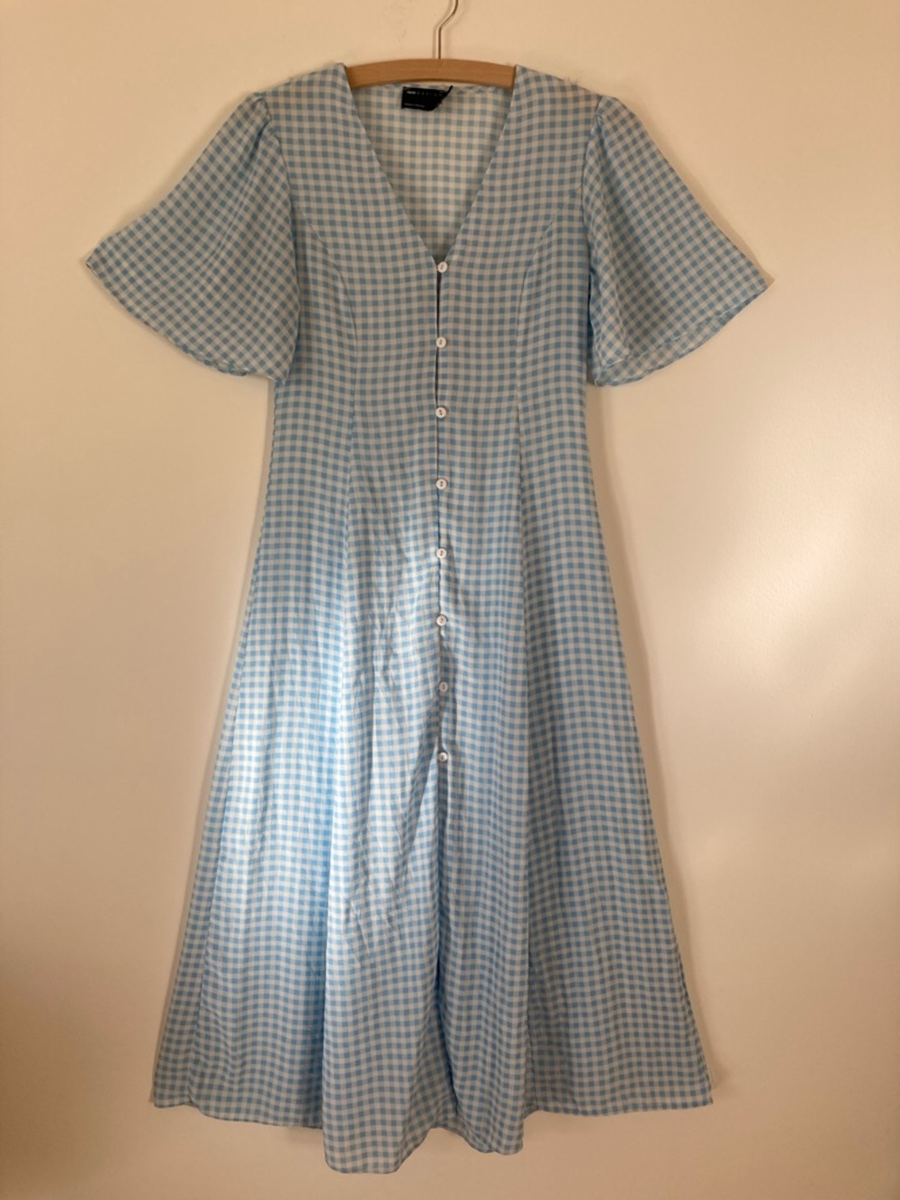 ASOS Design blue white checked button up feminine midi dress butterfly sleeves